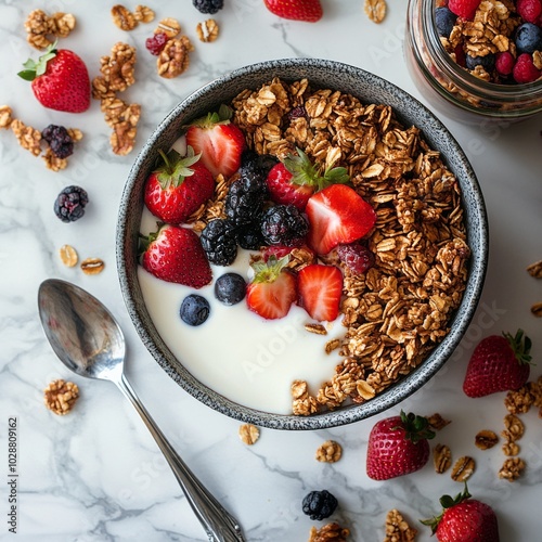 Delicious granola bowl topped with fresh strawberries and nuts on a marble co...