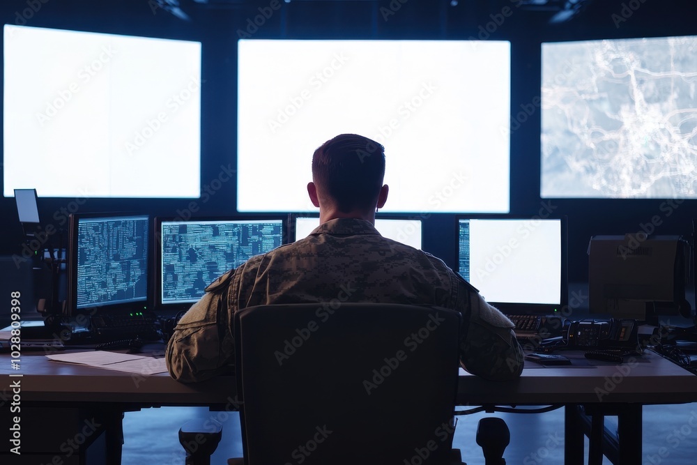 Military Officer Monitoring Multiple Screens in Command Center Stock ...