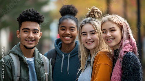 Diverse group of young students smiling and laughing together while spending time outdoors on a university or college campus. Concept of education,learning,friendship,and community.
