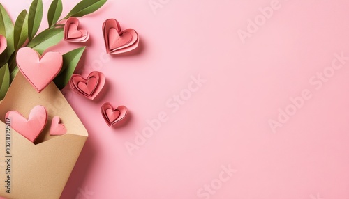 Love letter envelope with paper hearts on pink background for Valentine's Day