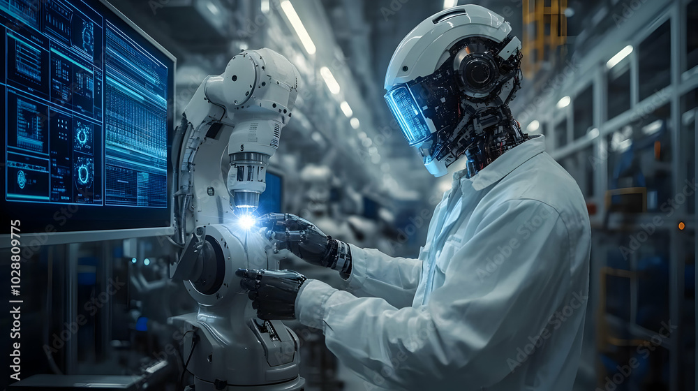 Fototapeta premium A humanoid robot interacts with machinery in a high-tech lab.