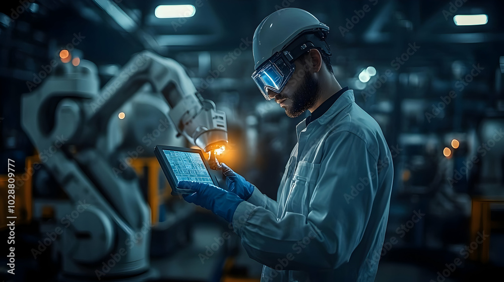 Engineer using a tablet in a high-tech industrial setting. Engineer using a tablet in a high-tech industrial setting.