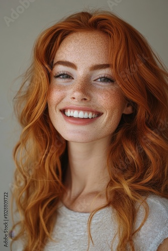 Woman with ginger hair and flawless skin smiling happily in a studio, Generative AI