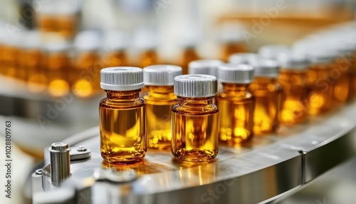 Vials filled with liquid moving along a production line in a pharmaceutical facility