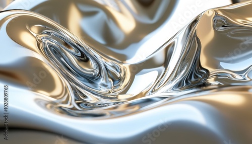 Glossy silver metal fluid texture creating a mirror-like water effect in 3D render