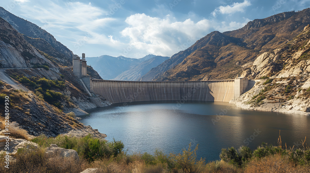 A panoramic view of a dam nestled between mountains, with a large body of water in the foreground A panoramic view of a dam nestled between mountains, with a large body of water in the foreground
