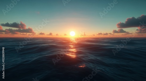 Beautiful sunset over the ocean, a perfect blend of teal and orange, creating a serene and peaceful horizon