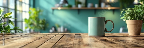 Cozy morning coffee on a wooden table in a sunlit room filled with green plants