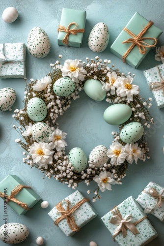 Easter wreath with decorated eggs and gifts arranged on a pastel blue background