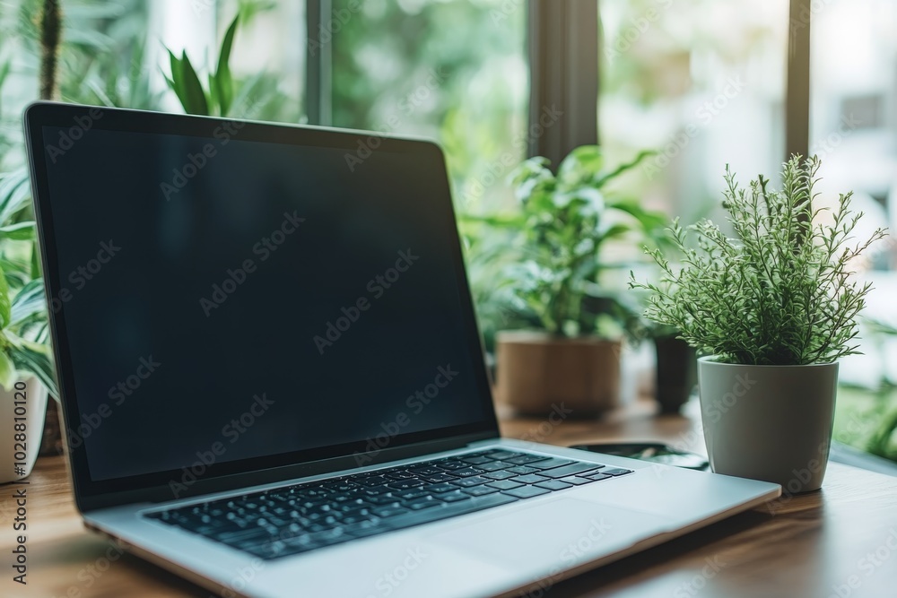 Laptop Computer on Wooden Desk with Plants and Window View