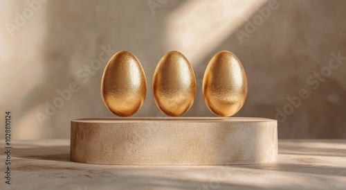 Elegant golden eggs resting on a simple white pedestal in a minimalistic setting