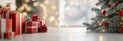 Beautifully wrapped Christmas gifts beside a decorated tree illuminated by so...