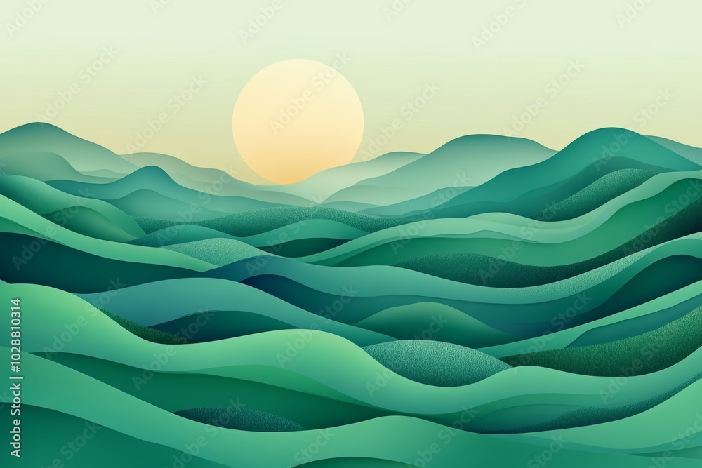 Abstract Green Hills Landscape with Sun Abstract Green Hills Landscape with Sun