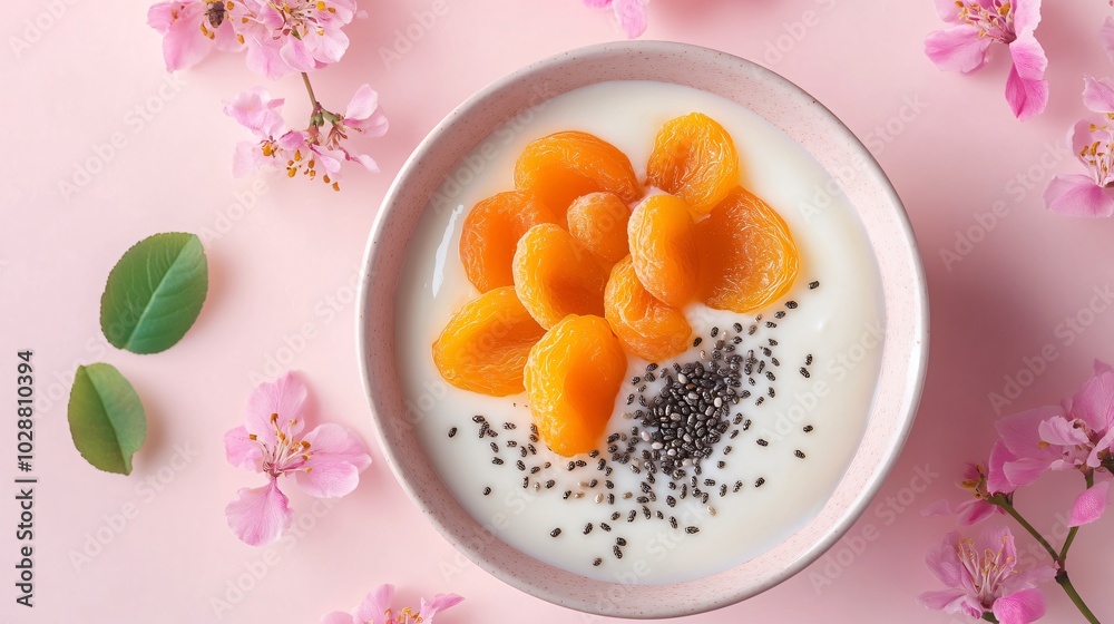 A bowl of yogurt topped with dried apricots and chia seeds, isolated on a soft pastel pink background with elegant floral decorative patterns A bowl of yogurt topped with dried apricots and chia seeds, isolated on a soft pastel pink background with elegant floral decorative patterns