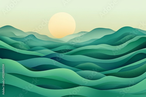 Abstract Green Hills Landscape with Sun