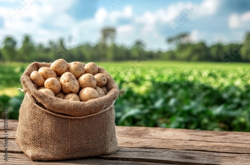 Freshly harvested potatoes in a burlap sack on a sunlit farm landscape