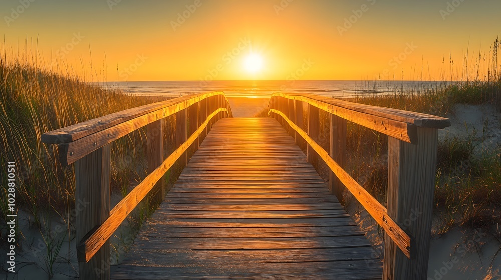 Fototapeta premium A wooden boardwalk leading to the beach, sunset, yellow and orange tones, golden hour