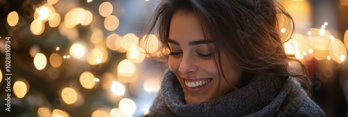 A woman joyfully unwraps a gift in a festive city setting during winter