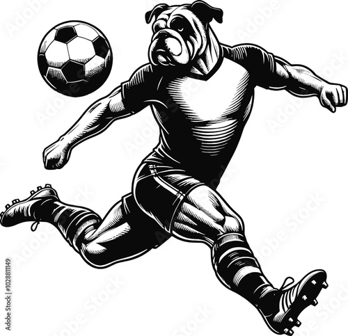 A powerful bulldog in a soccer uniform, charging with a ball. Perfect for sports-themed designs, team branding, or athletic promotional materials.