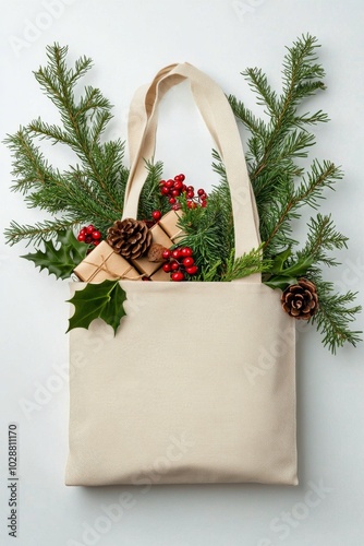 Tote bag surrounded by wrapped gifts and pine branches during the festive season