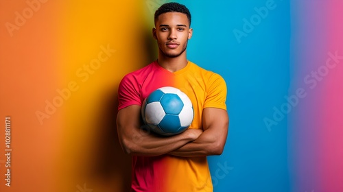 Confident and Muscular Young Athlete Holding a Soccer Ball in a Bright and Energetic Colorful Studio Setting,Showcasing Strength,Fitness,and the Spirit of Sports Competition