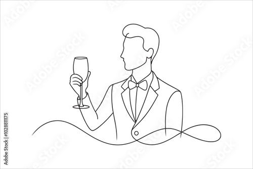 A man elegantly holds a glass of winec continuous line art flat vector illustration on white background.