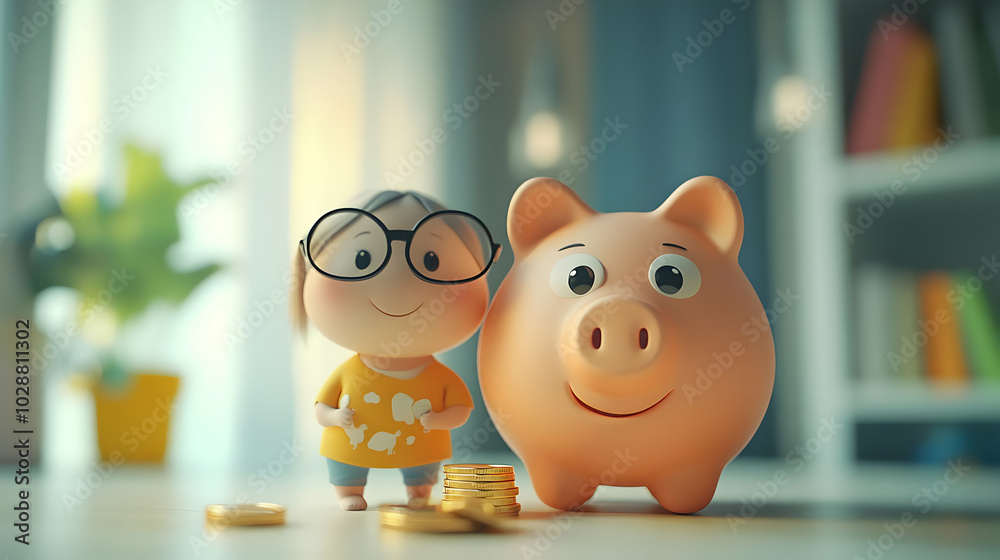 Obraz premium 3D Impromptu Financial Literacy Lesson: Close Up of Engaging Parent-Child Interaction Over Piggy Bank, Coins, and Everyday Home Setting - Icon on White Background
