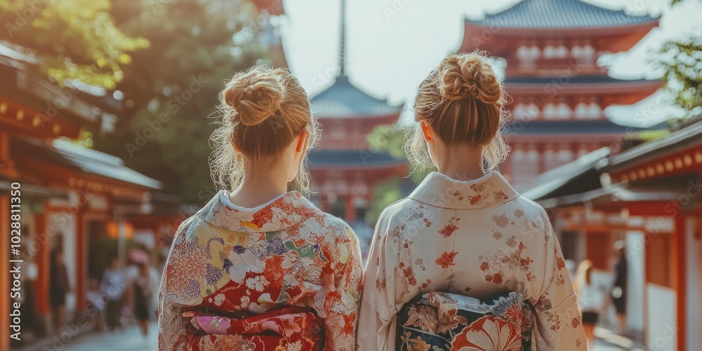 Obraz premium women wearing traditional japanese kimono walking in Kyoto city in Japan. ai generated