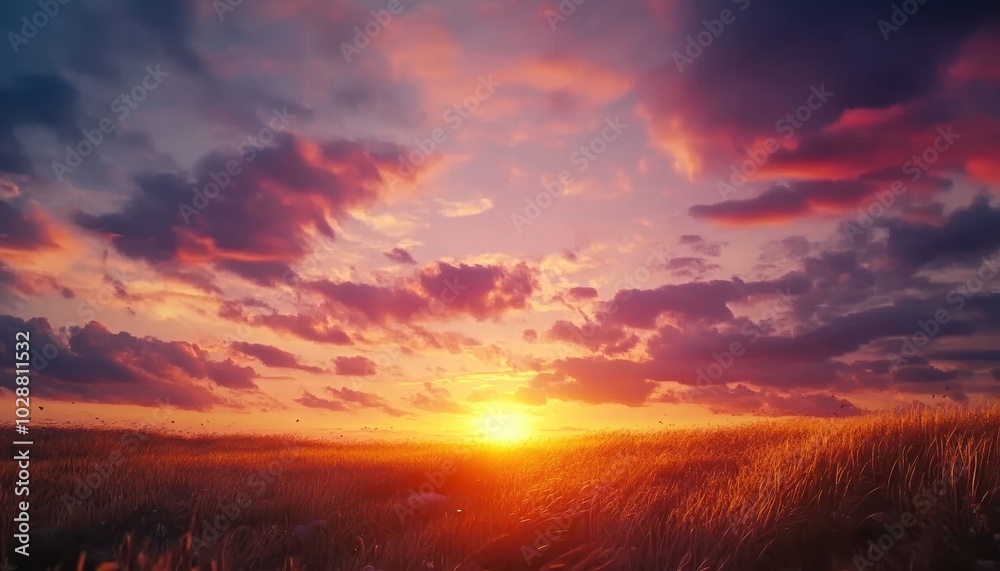 Majestic sunset over a golden field with colorful clouds and vibrant sky Majestic sunset over a golden field with colorful clouds and vibrant sky