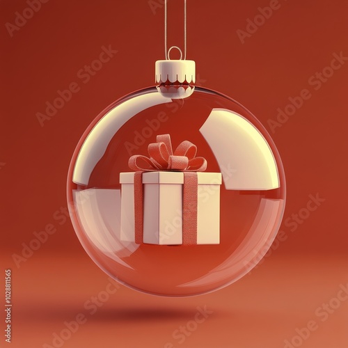 A glass ornament with a gift inside hangs against a vibrant red background du...
