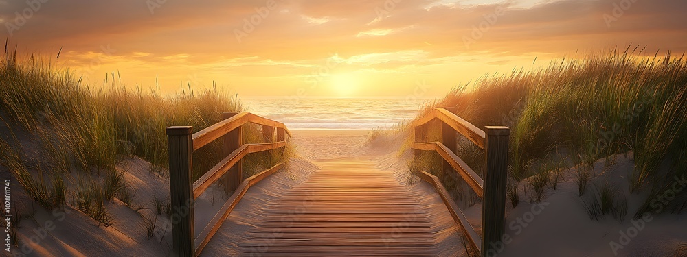 Fototapeta premium A wooden boardwalk leading to the beach, sunset, yellow and orange tones, golden hour