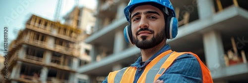 Construction worker wearing protective gear at a building site during daytime...