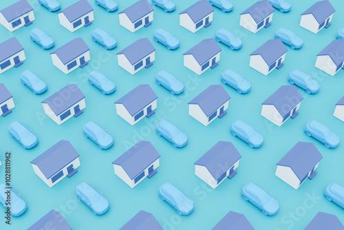 3d objects in the form of cars and houses, blue background. The concept of business, shopping, credit, consumption.