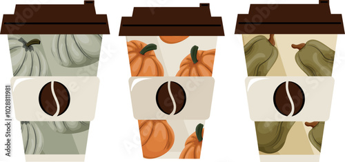 set of autumn templates for takeaway coffee cups with green and orange pumpkins and brown lids, for different drink designs