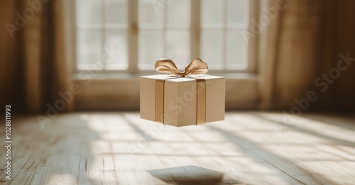 A floating gift box with a ribbon in a sunlit room near a window