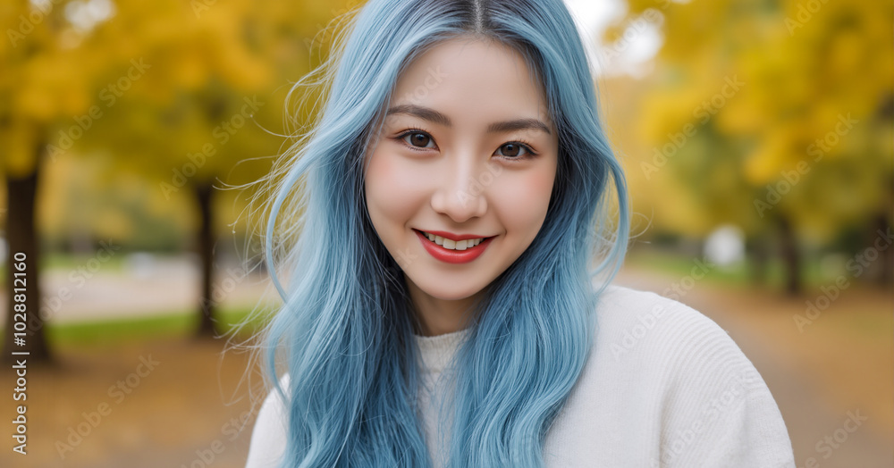 A cheerful woman with long, vibrant blue hair smiles warmly, standing outdoors with a background of soft yellow autumn foliage.