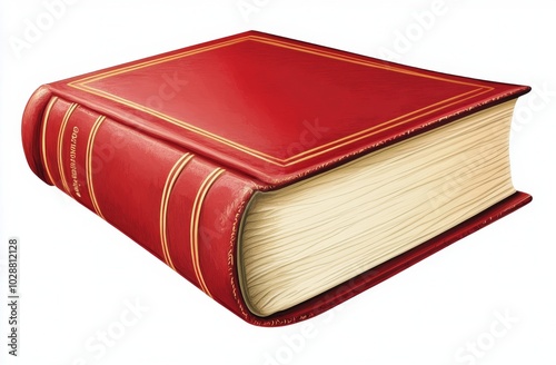 A classic red hardcover book resting on a clean white surface in bright light