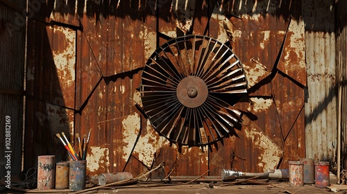 Rustic industrial art: creative workshop with rusty metal textures and abandoned tools photo