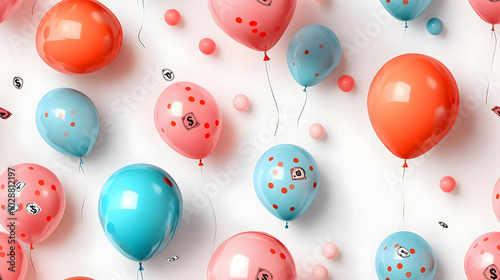 3D Inflation Balloon Pop Concept: Seamless Tile Pattern of Cartoon Balloons with Currency Symbols, Economic Cycles Represented in Playful Minimalist Style - Wide Shot Icon on White Background photo