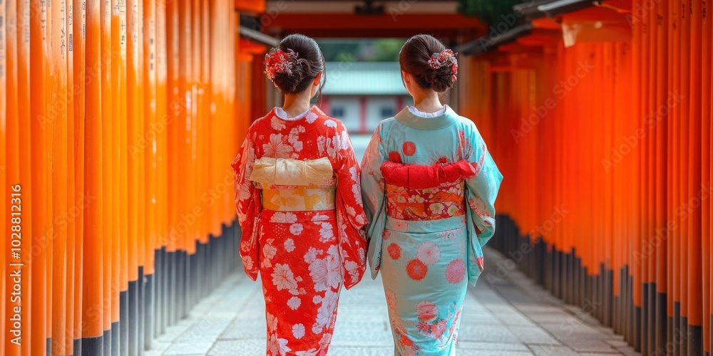 Obraz premium women wearing traditional japanese kimono walking in Kyoto city in Japan. ai generated