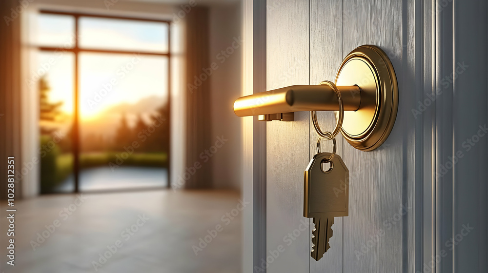 A golden key in a door lock with a sunset view in the background. A golden key in a door lock with a sunset view in the background.