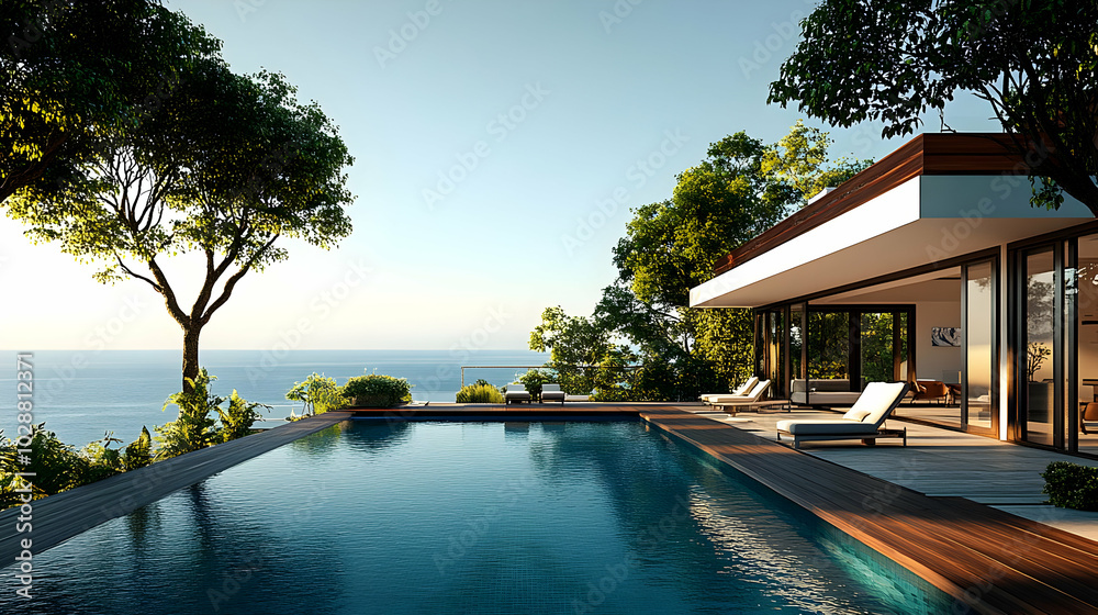 Modern villa with a pool overlooking the ocean at sunset. Modern villa with a pool overlooking the ocean at sunset.