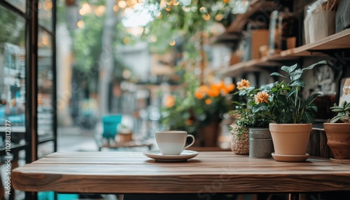 Cozy coffee shop table with plants and soft bokeh in a warm afternoon setting