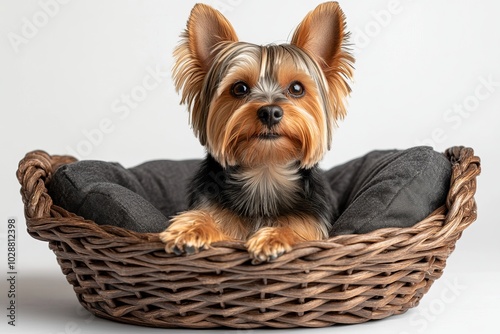 Adorable Yorkshire Terrier Puppy Sitting in a Wicker Basket