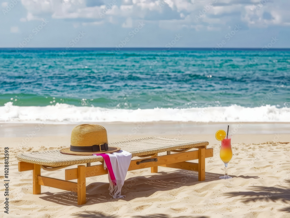 A beach scene with a straw in a glass of orange juice. The beach is calm and peaceful, with the ocean in the background A beach scene with a straw in a glass of orange juice. The beach is calm and peaceful, with the ocean in the background