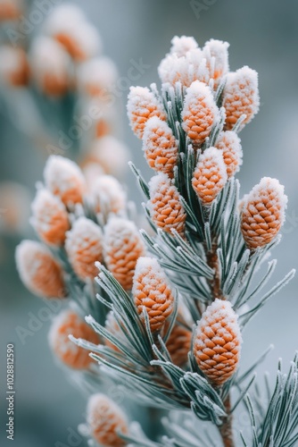 Frost covered pine cones on a branch glisten in the winter sunlight