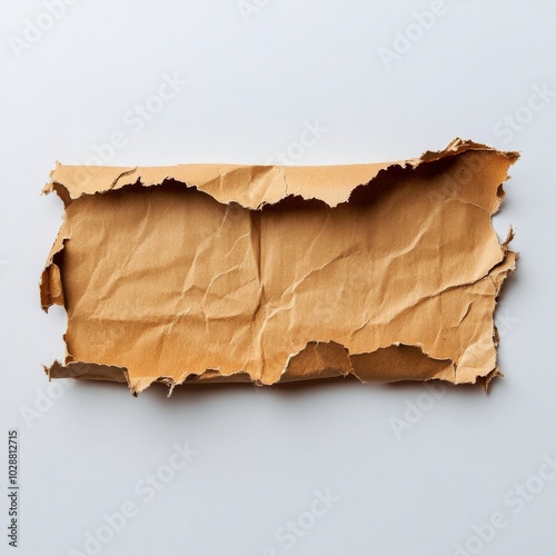 A vintage piece of torn brown paper with rugged edges and crumpled texture ly...