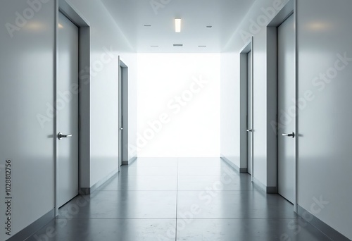 Modern Hallway with White Doors and Bright Light .