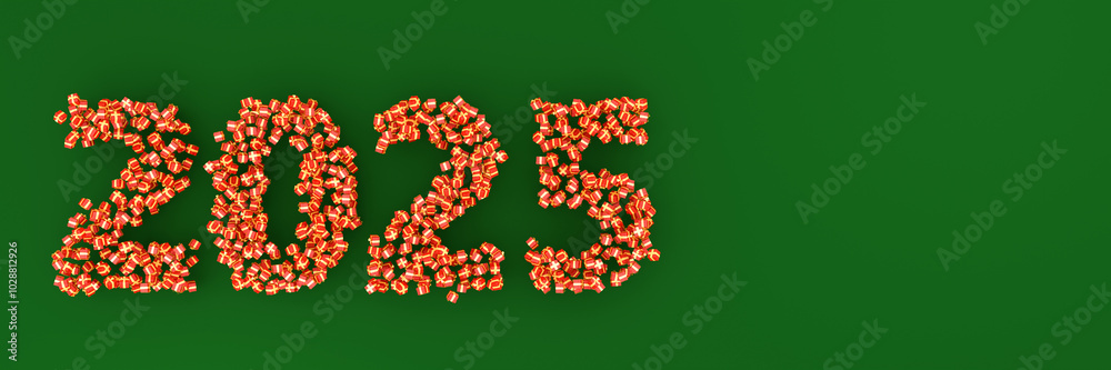 Christmas, New Year's banner 2025, 3D figures are made from gift boxes. Red gift with a gold bow on green background. Copy space, place for text and design. Xmas festive card, template, mockup.