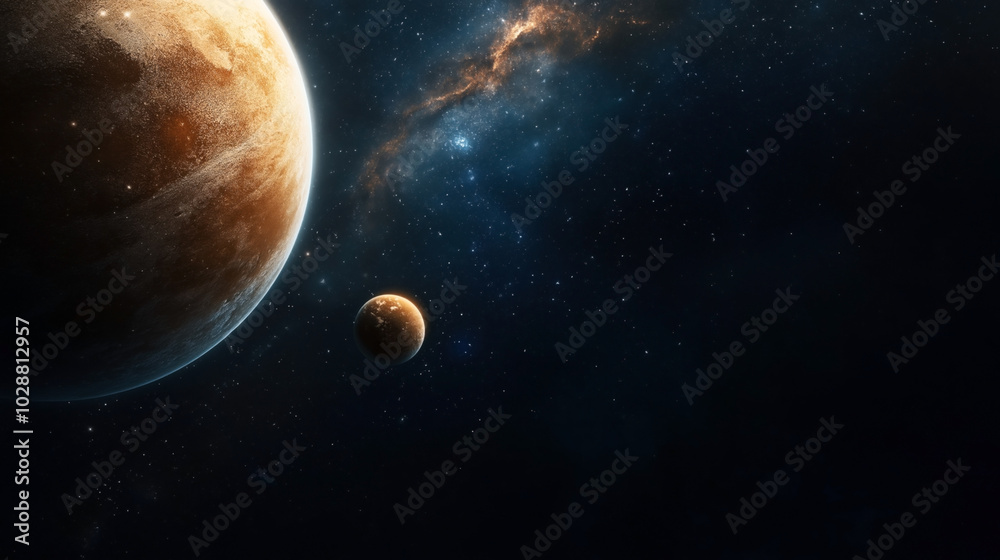 Digital illustration of two planets in outer space with star-filled background and a view of a galaxy with colorful nebulas. Digital illustration of two planets in outer space with star-filled background and a view of a galaxy with colorful nebulas.
